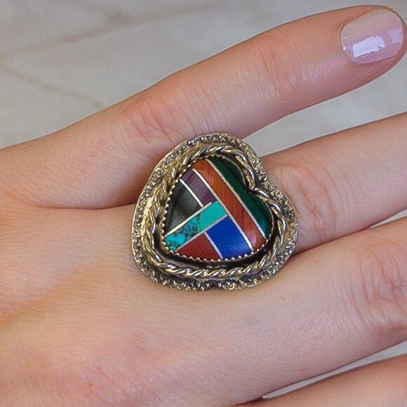 Sterling Silver Heart Inlay Ring with Turquoise, Lapis, Malachite – Size 7.75 - Picture 1 of 4